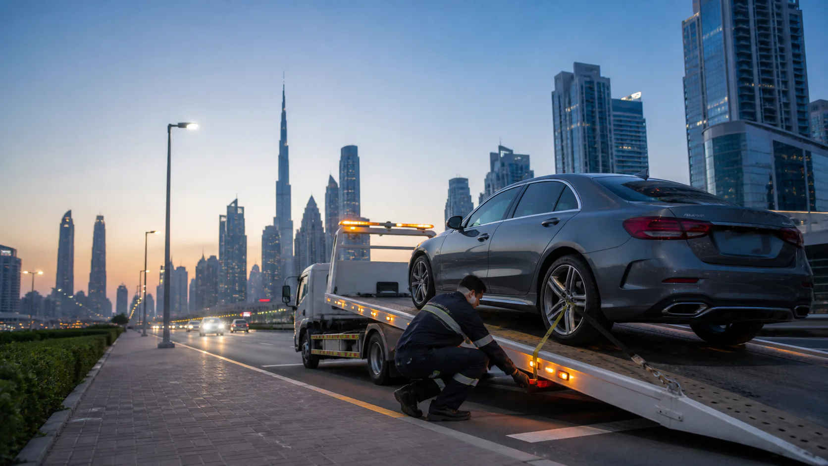 Technician carrying out car recovery for a Jumeirah Islands villa owner