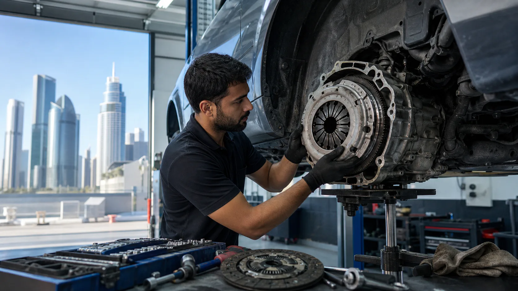 Technician carrying out clutch replacement for a Jumeirah Islands villa owner