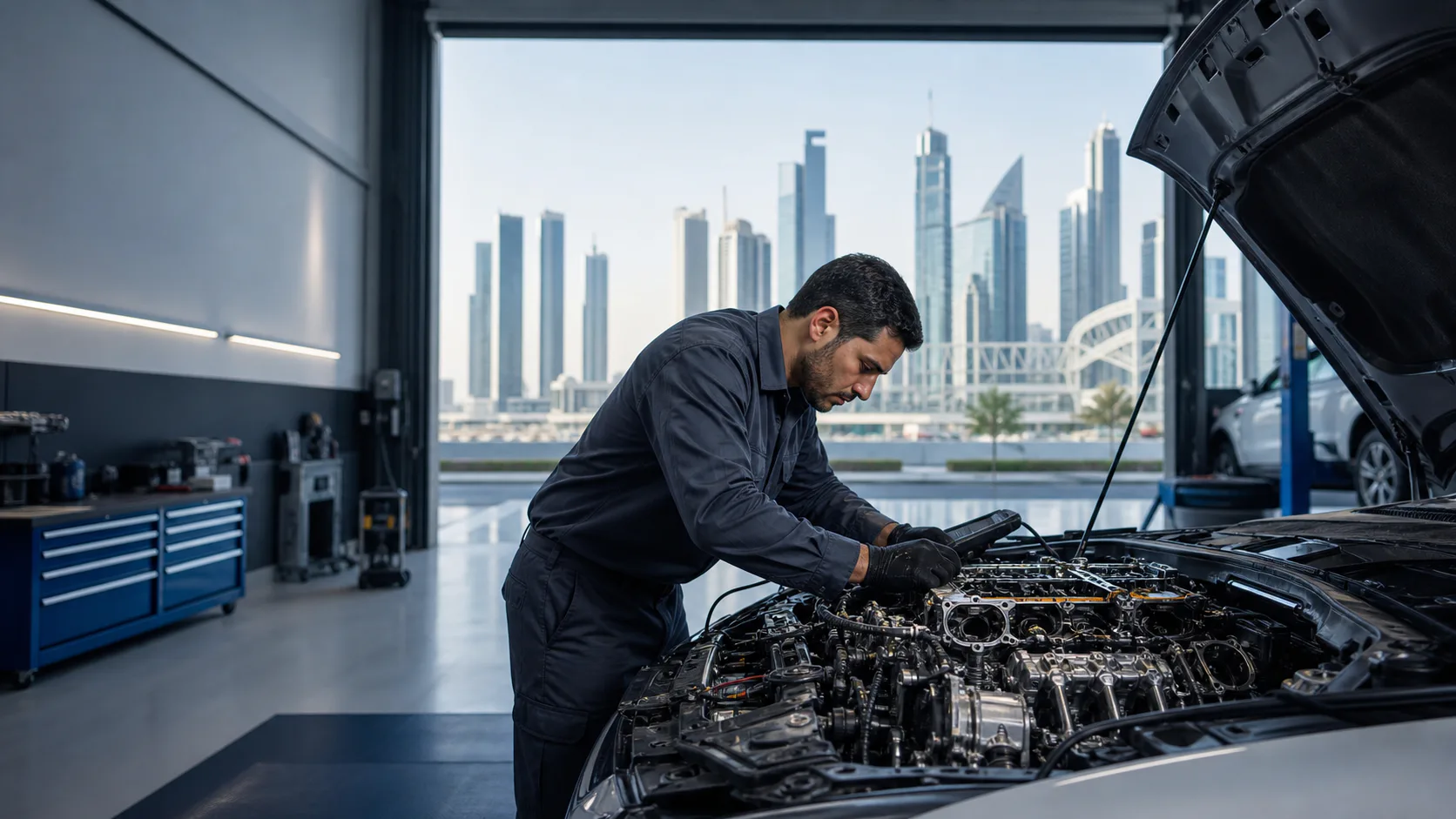 Technician carrying out engine repair for a Jumeirah Islands villa owner