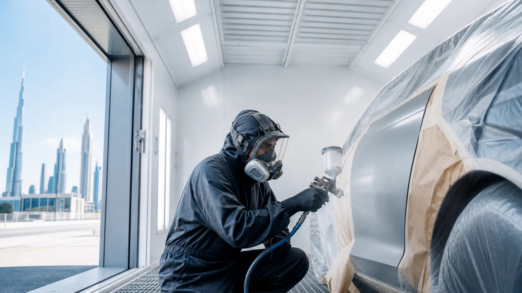 Technician carrying out paint repair for a Jumeirah Islands villa owner